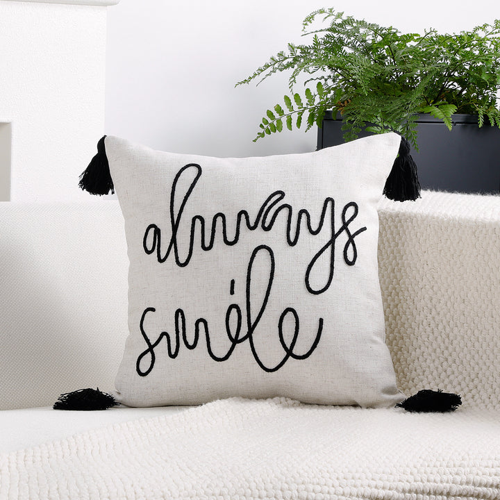 Square Linen-Blend Rope Embroidered Tassel Accent Pillow Cover