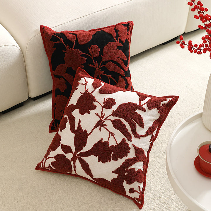 Decorative cushion cover with floral chenille tufting and velvet texture