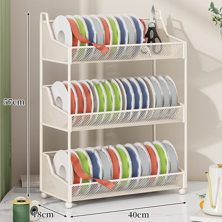 Metal Mesh Ribbon and Tape Spool Organizer with Integrated Scissor Slot