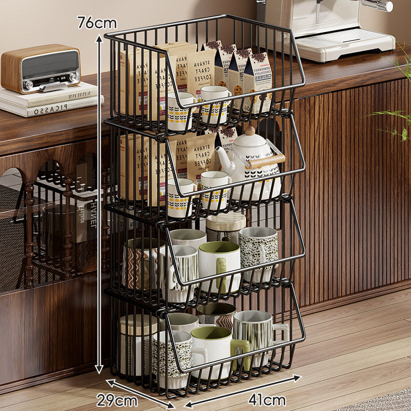 Four-Tier Tall Rolling Wire Pantry and Mug Storage Cart with Deep Slanted Baskets