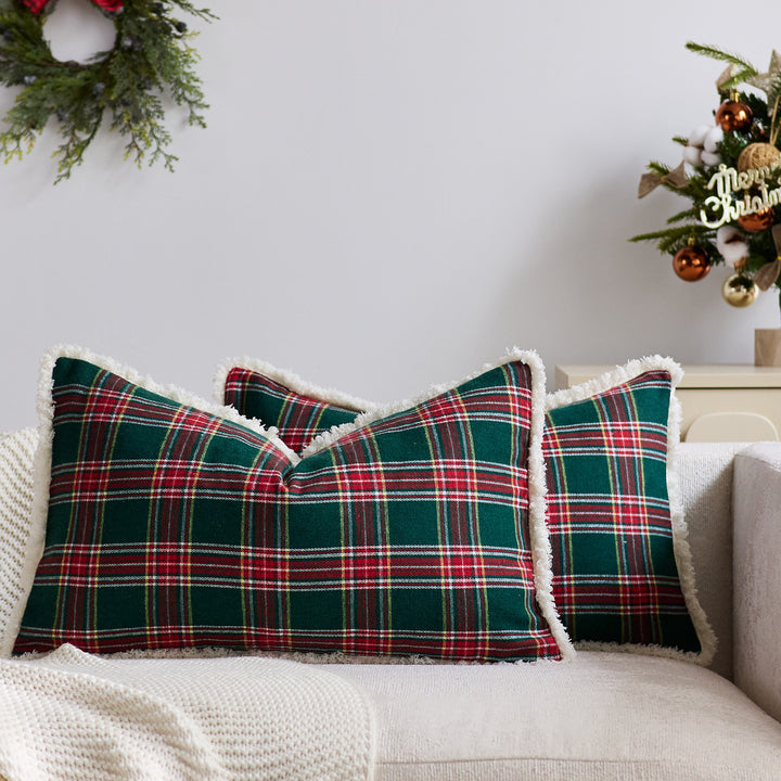 Plaid Sherpa-Trim Square Decorative Throw Pillow Cover