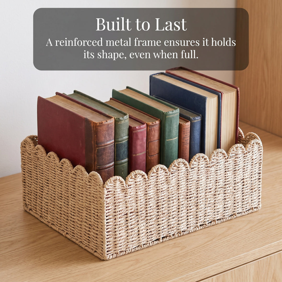 Handcrafted storage basket with curved edge