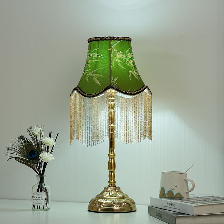 Silk fringed Empire-style table lamp with bead tassel shade