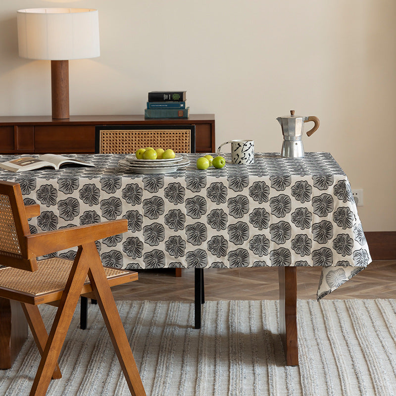 Rectangular cotton tablecloth with floral block print medallions