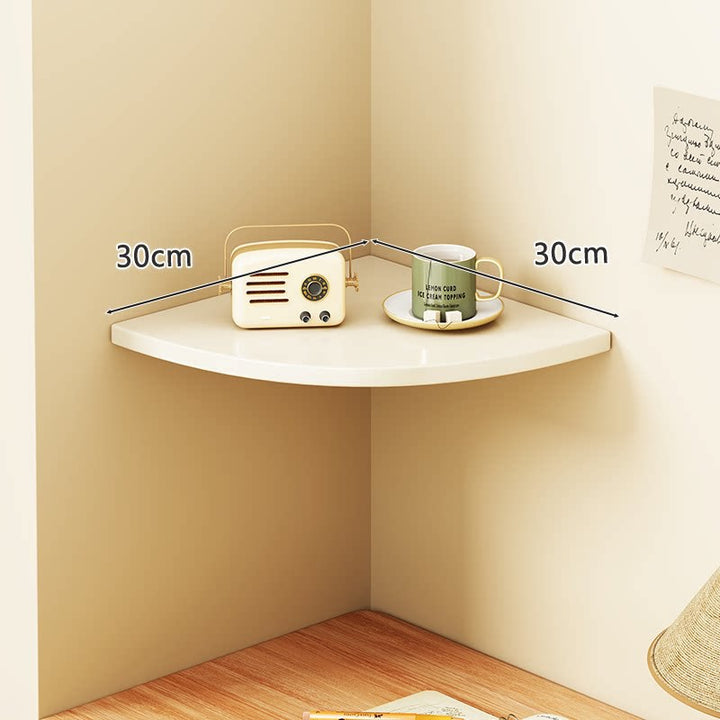 Corner Floating Wall Shelf with Curved Triangular Wooden Top and Heavy-Duty Metal Brackets