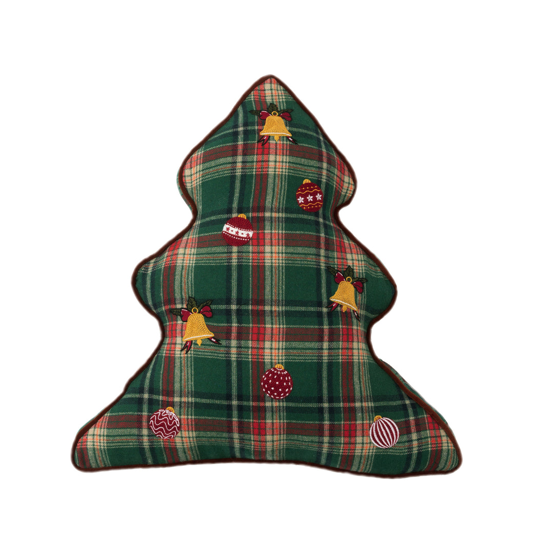 Christmas tree-shaped decorative pillow made of checked flannel with embroidered appliqués