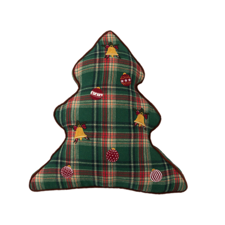 Christmas tree-shaped decorative pillow made of checked flannel with embroidered appliqués