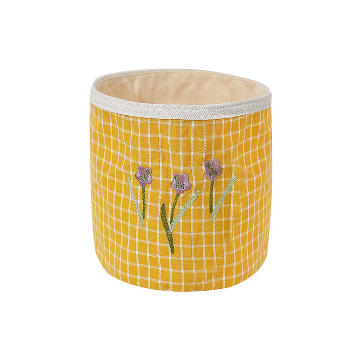 Padded fabric storage basket with Vichy check and embroidered lavender motif