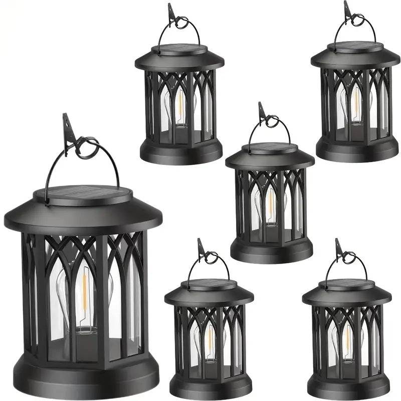 Solar-powered hanging LED lantern set with flickering flameless candle and metal clip hook