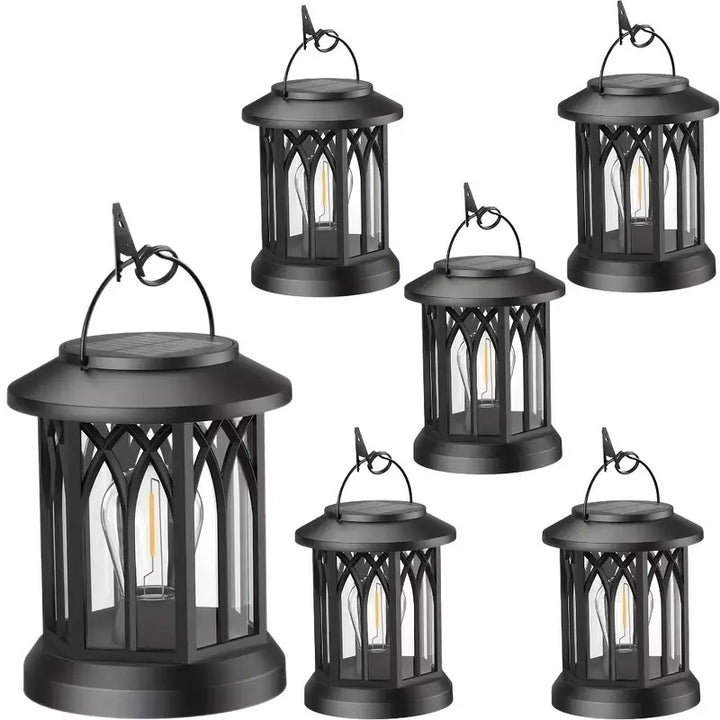 Solar-powered hanging LED lantern set with flickering flameless candle and metal clip hook