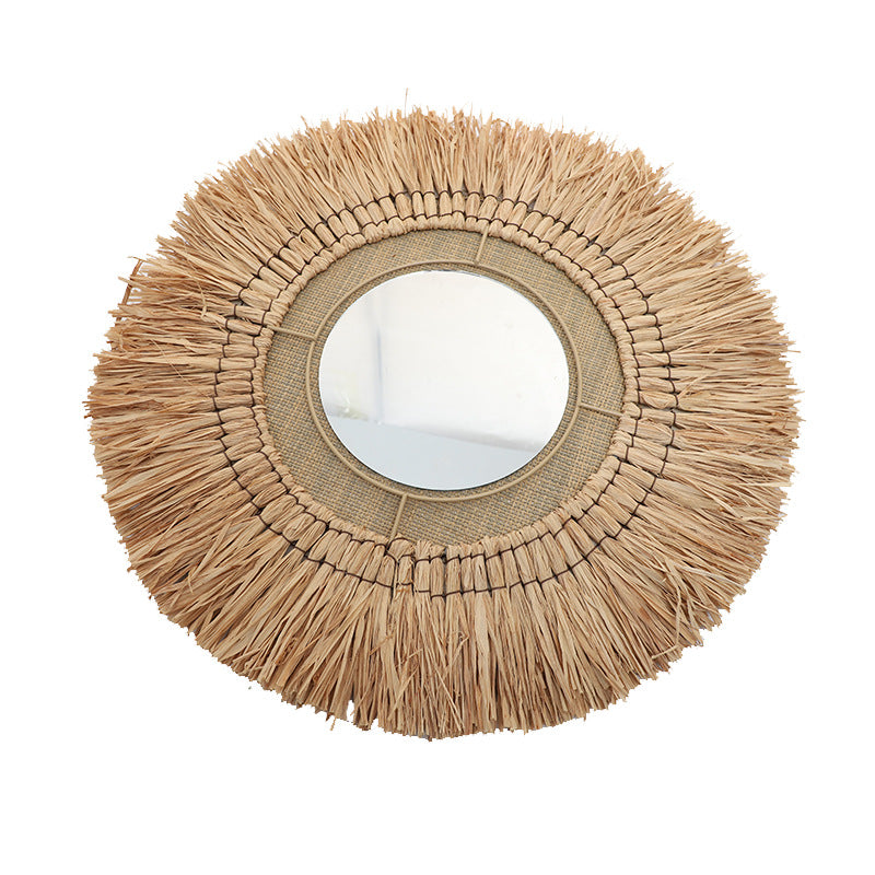 Decorative wall mirror with natural rattan frame