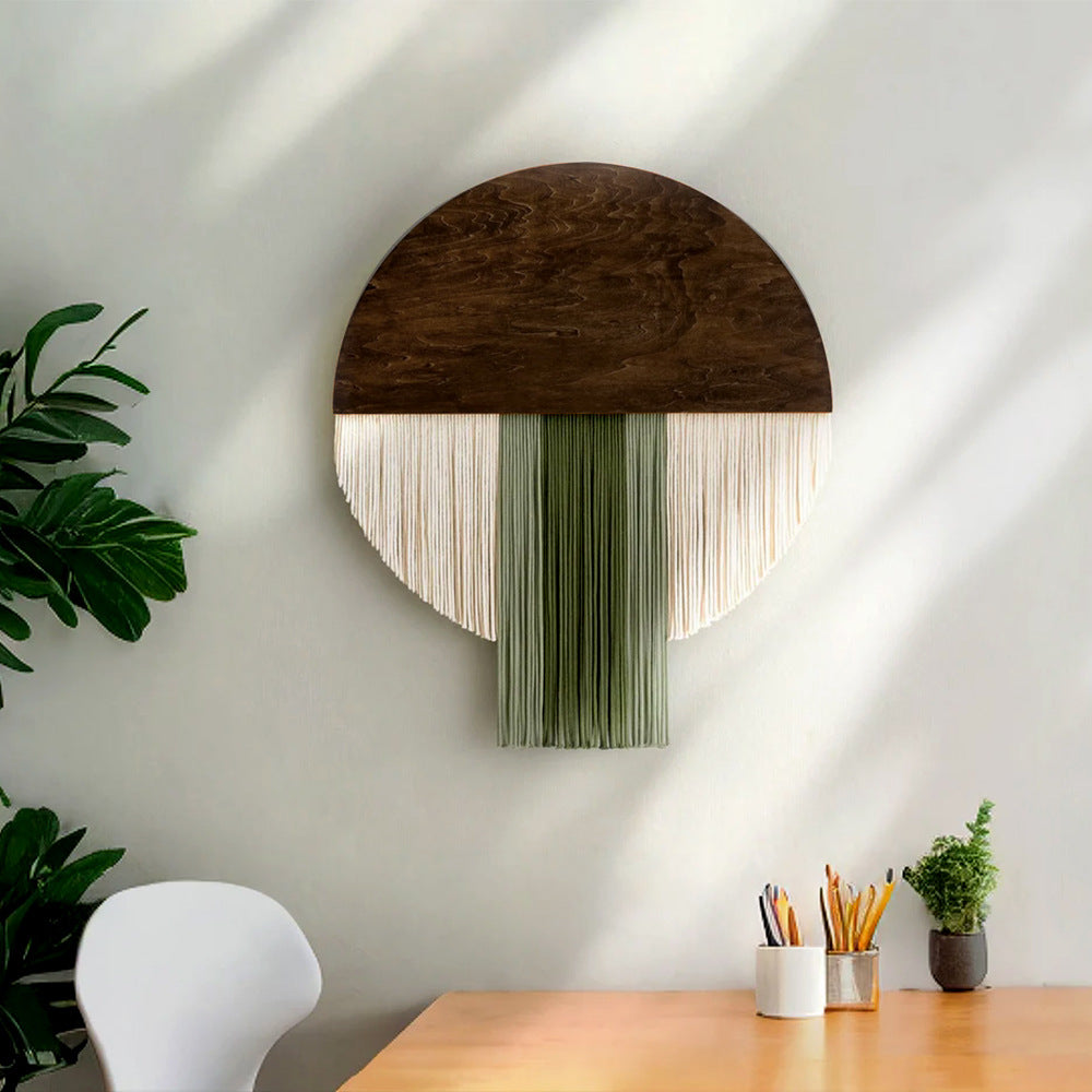 Wall hanging made of dyed yarn and wood