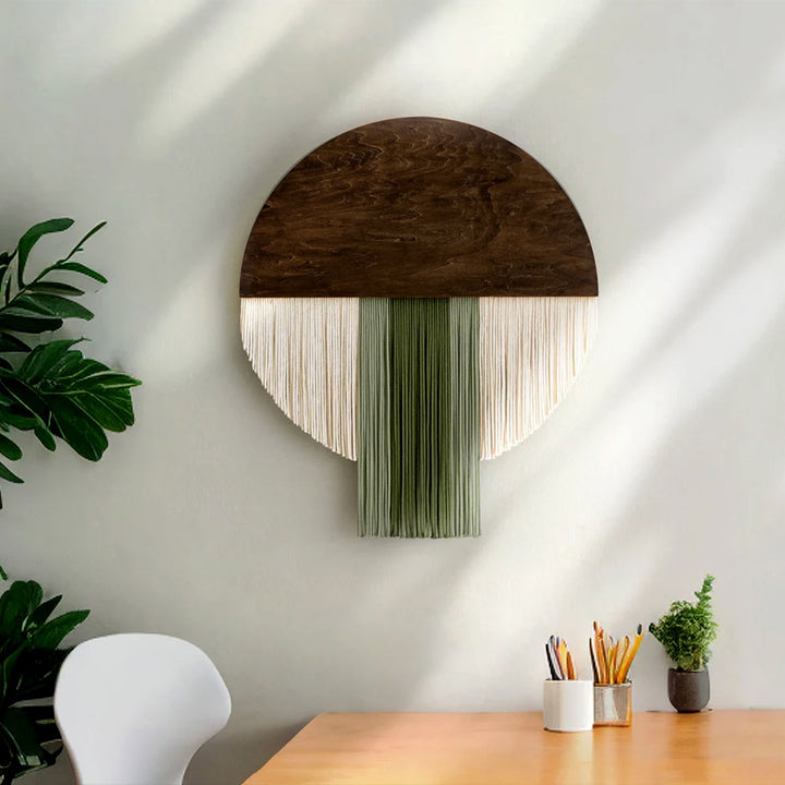 Wall hanging made of dyed yarn and wood