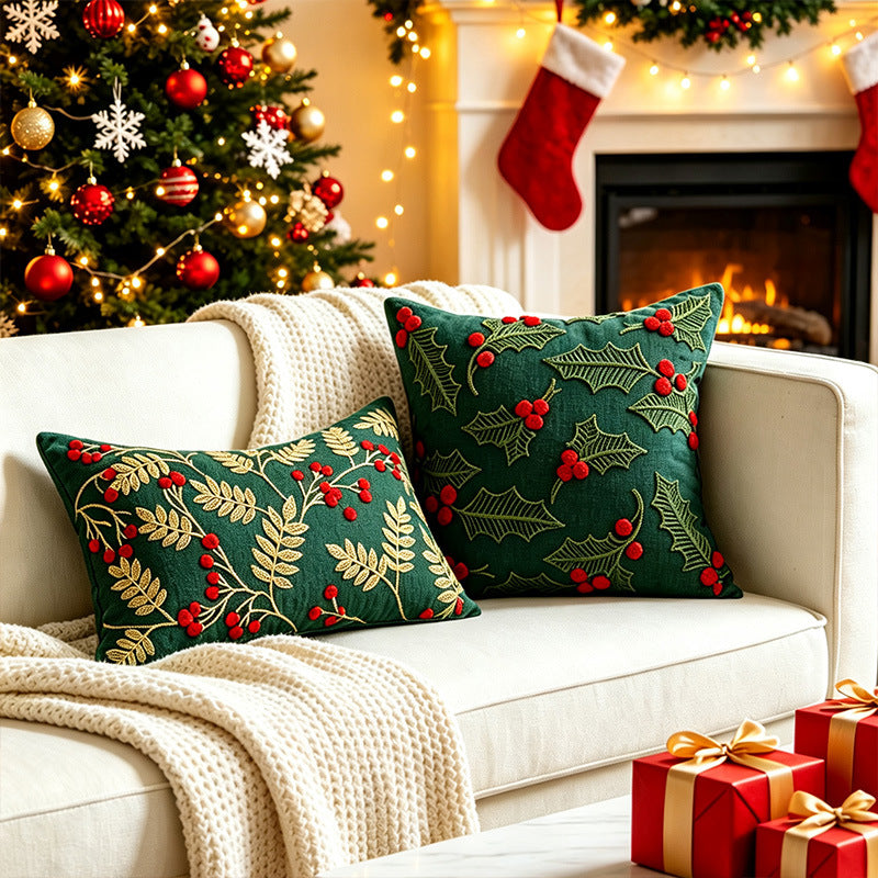 Holiday Holly Embroidered Velveteen Throw Pillow with Pom Berry Accents