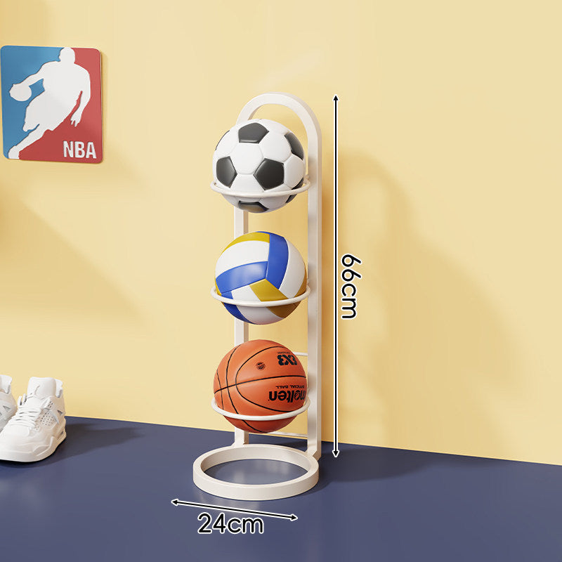 Three-Tier Vertical Sports Ball Storage Rack with Wall-Ready Base and Circular Cradles