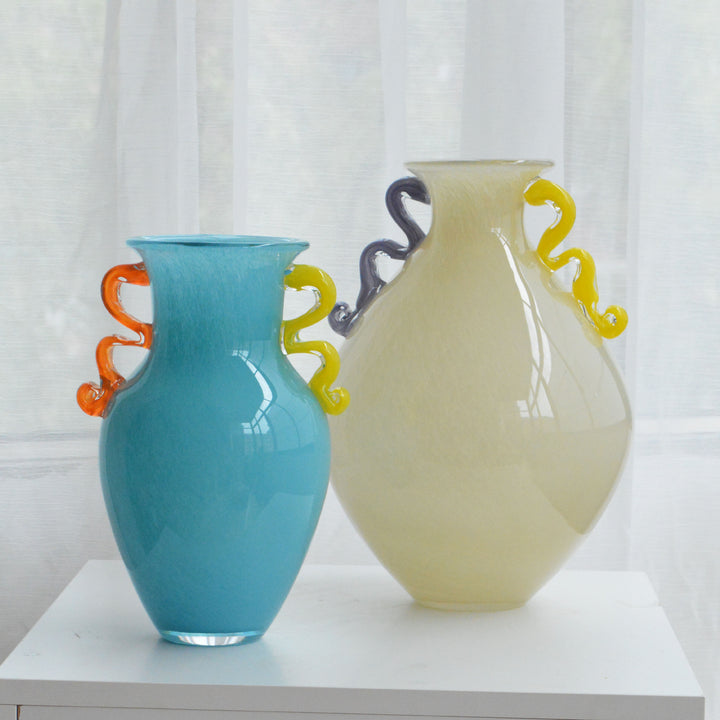 Hand-Blown Sculptural Double-Handled Glass Decorative Vase
