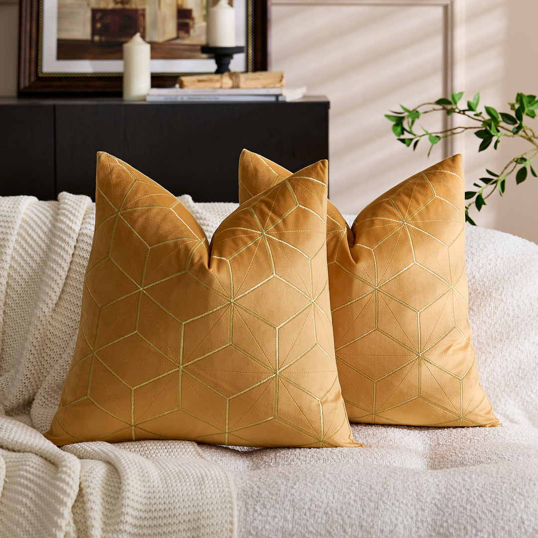 Embroidered Velvet Geometric Square Throw Pillow Cover with Metallic Stitching