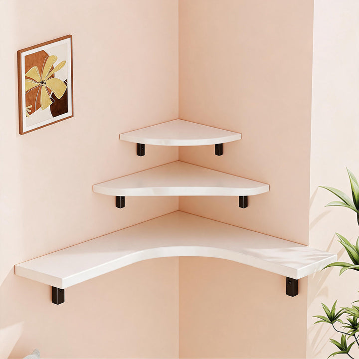 Corner Wall-Mounted Floating Shelf with Rounded Triangular Solid Wood Top and Metal Support Brackets