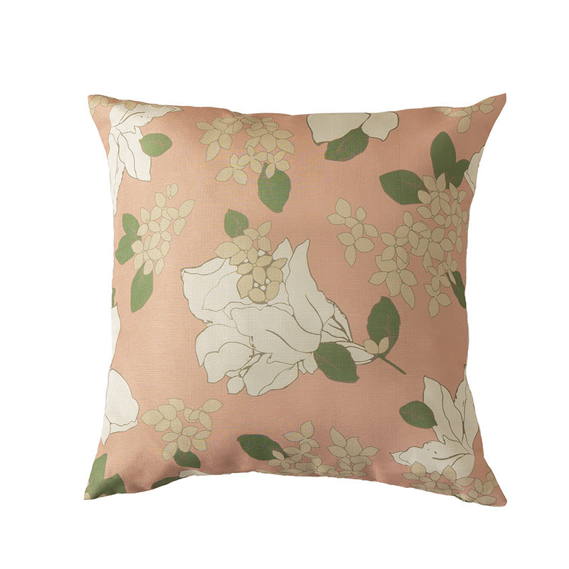 Rectangular decorative cushion with sketchy floral print and fine linen look