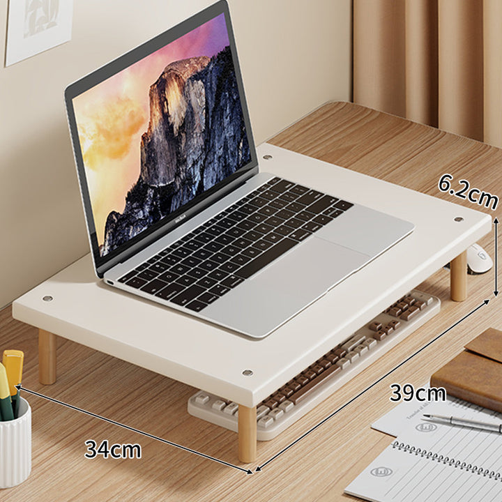 Compact Desktop Laptop and Monitor Riser with Under-Keyboard Storage and Wood Legs