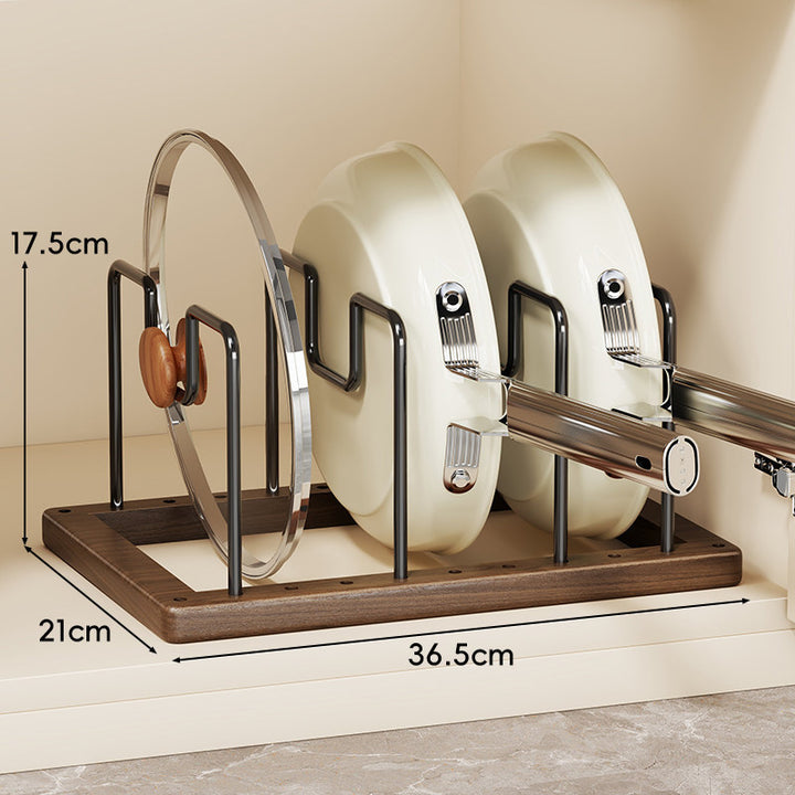Vertical Pot Lid and Frying Pan Organizer Rack with Wooden Base and Powder-Coated Metal Dividers