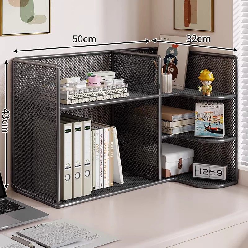Corner Mesh Metal Desktop Organizer with Multi-Tier Shelves and File Slots