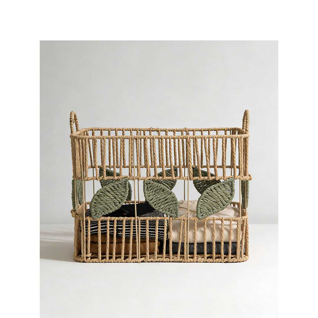 Handcrafted storage basket with leaf motif