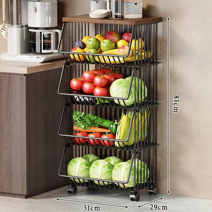 Slim Vertical Rolling Wire Produce and Pantry Organizer Cart with Wood Top