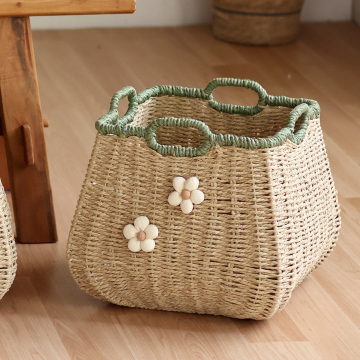Stylish storage basket with flower appliqué