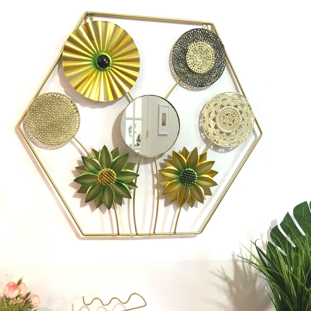 Decorative Metal Wall Art with Tropical Leaf and Mirror Design
