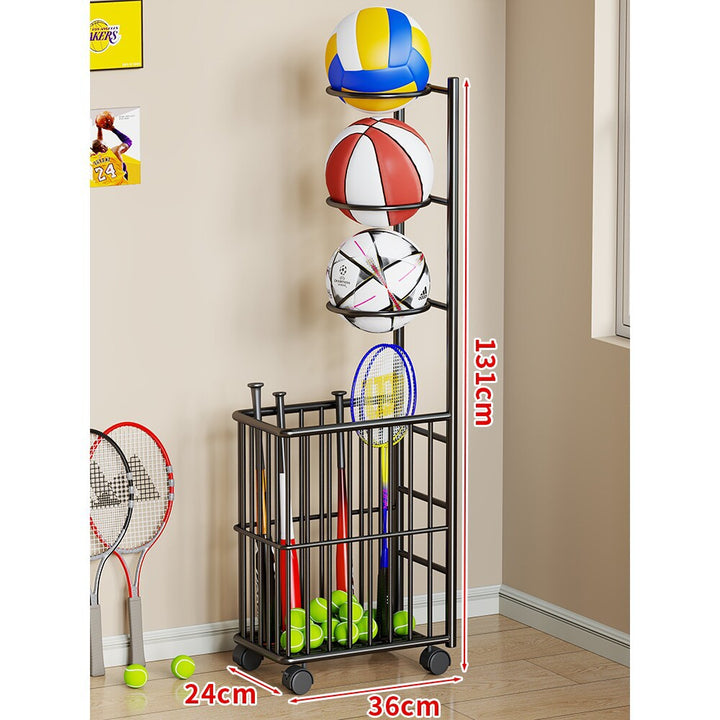 Tall Rolling Sports Equipment Organizer Cart with Vertical Ball Cradles and Bat & Racket Storage