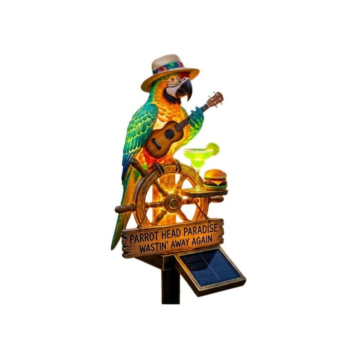 Decorative figure of a funny parrot with drink and guitar