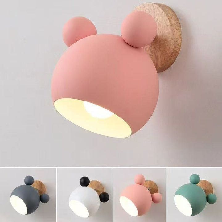 Children's decorative wall lamp with wooden background and bear ears