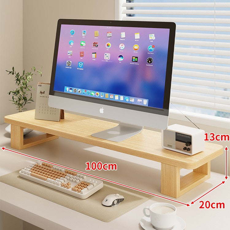 Wide Wooden Monitor Riser Shelf with Under-Shelf Storage and Cable Management