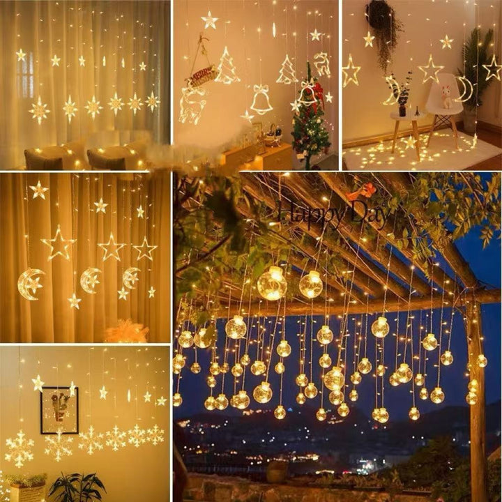 Hanging star and crescent moon LED curtain string lights for bedroom ambiance