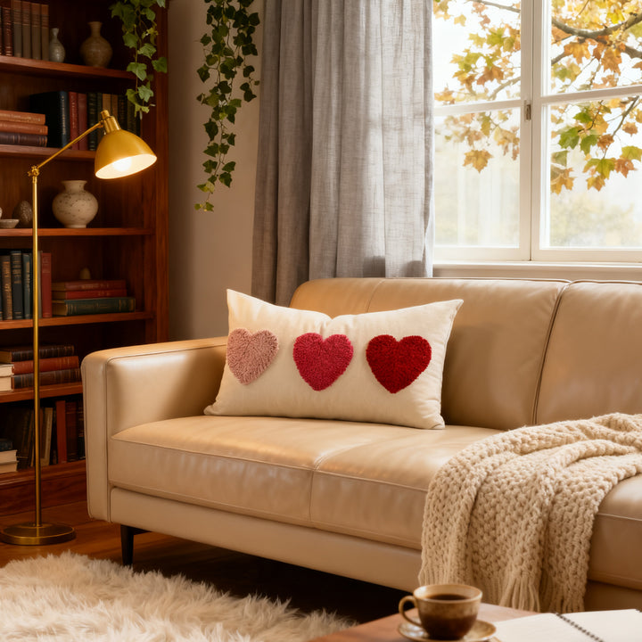 Tufted Hooked Heart and Daisy Accent Throw Pillow Cover with Tassel Corners