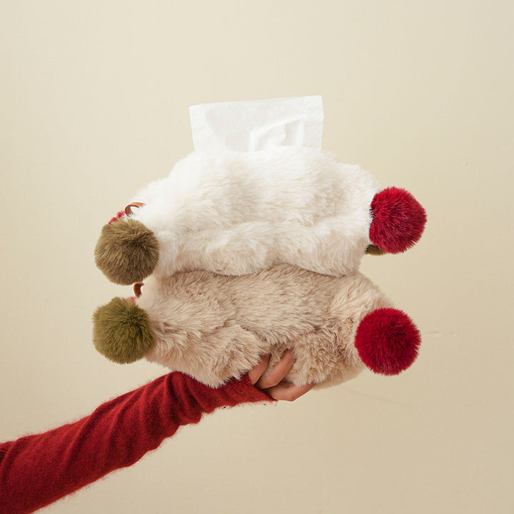 Handy tissue storage made of faux fur with leather handle and pompom