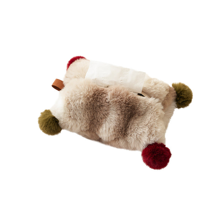 Handy tissue storage made of faux fur with leather handle and pompom