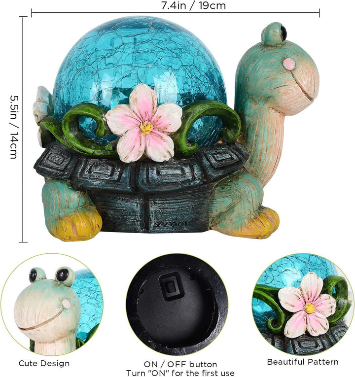 Playful Solar-Powered LED Garden Statue Frog on Turtle Resin Ornament