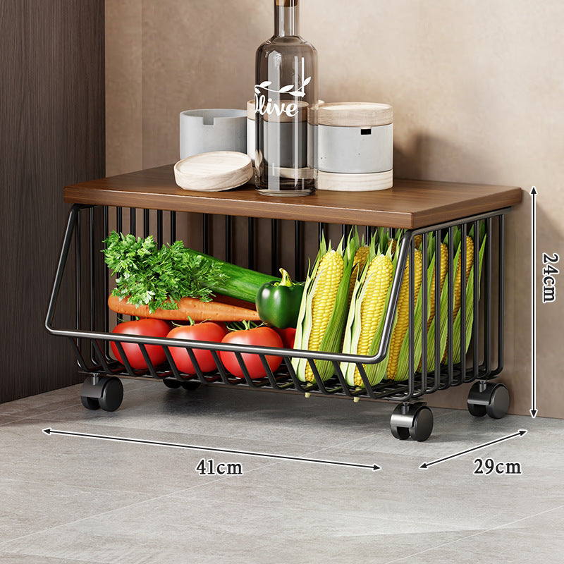 Slim Vertical Rolling Wire Produce and Pantry Organizer Cart with Wood Top
