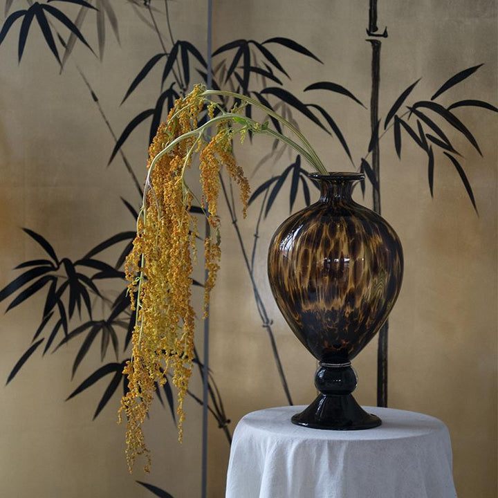 Hand-Blown Speckled Pedestal Art Glass Vase with Narrow Neck