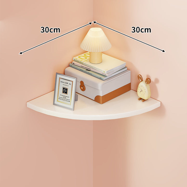 Corner Wall-Mounted Floating Shelf with Rounded Triangular Solid Wood Top and Metal Support Brackets