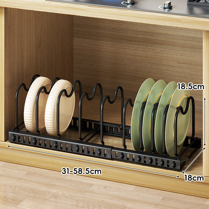 Expandable Under-Cabinet Sliding Plate and Lid Organizer Rack