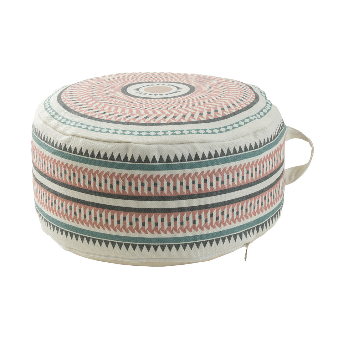 Round padded floor seat pouf with woven ethnic pattern and carrying handle