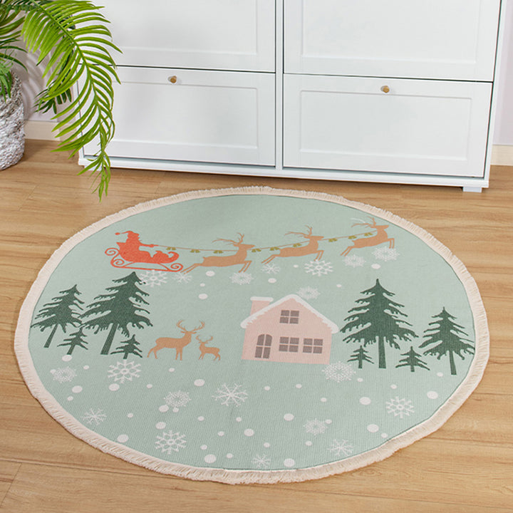 Round woven rug with mandala motif, flat cotton-jute mix and fringes