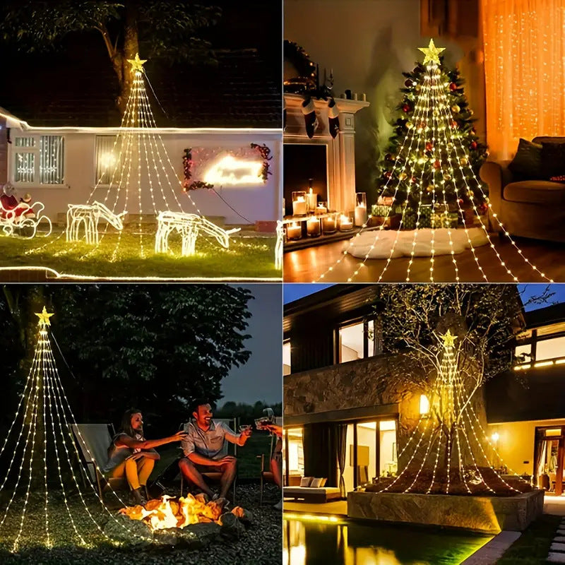 LED-lit pre-installed artificial Christmas tree with cascading star topper and ornament-ready branches