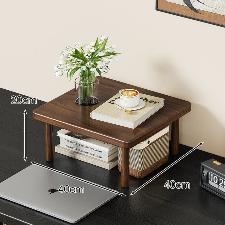 Compact Solid Wood Elevated Desk Display Stand with Under-Shelf Storage and Rounded Leg Design