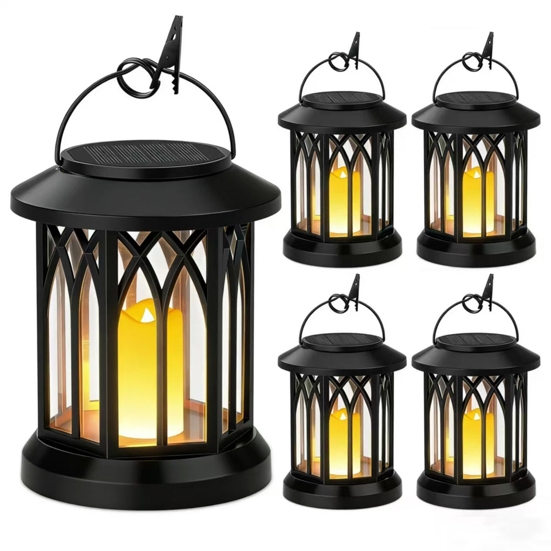 Solar-powered hanging LED lantern set with flickering flameless candle and metal clip hook