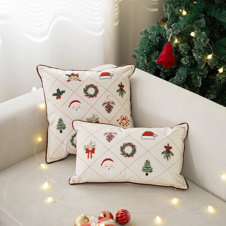 Rectangular decorative pillowcase with Christmas embroidery motifs and piping