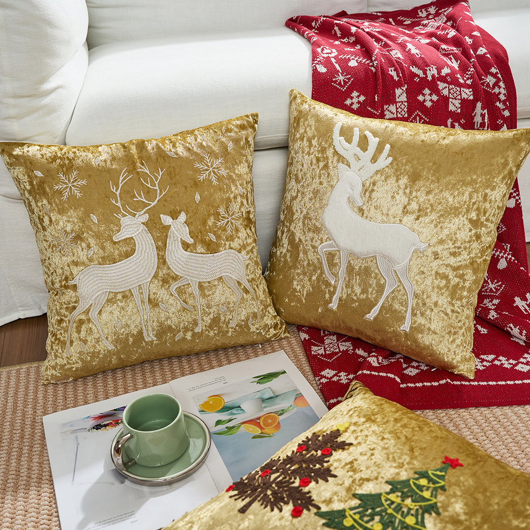 Decorative Velvet Throw Pillow with Appliqué Reindeer Motif